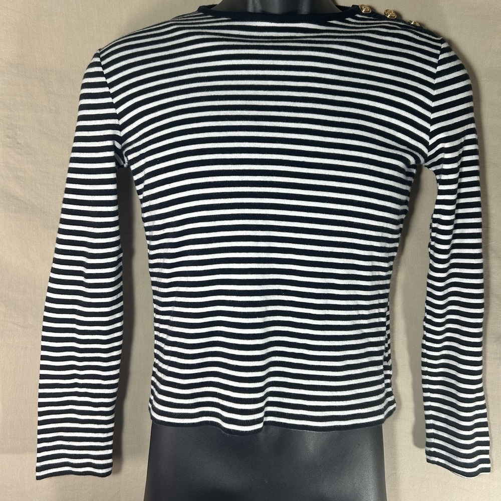 Lauren Ralph Lauren Petite Striped Shirt Top | Black White Cotton 3/4 Sleeve